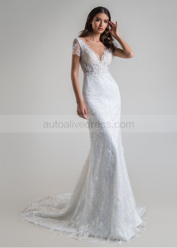 Short Sleeve Beaded Ivory Lace Wedding Dress